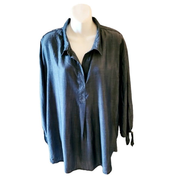 Liz Claiborne Denim Blue Lyocell Pop Over 1/4 Button Blouse Plus Size XXL - Picture 1 of 4